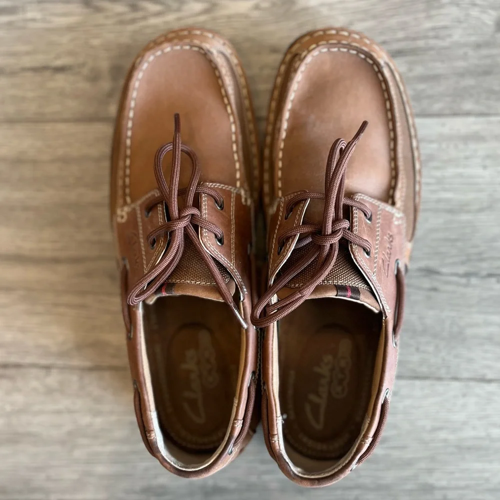 Clarks Men's Waterloo Boat Shoe Brown Leather Pull On Ortholite Footbed Size 11